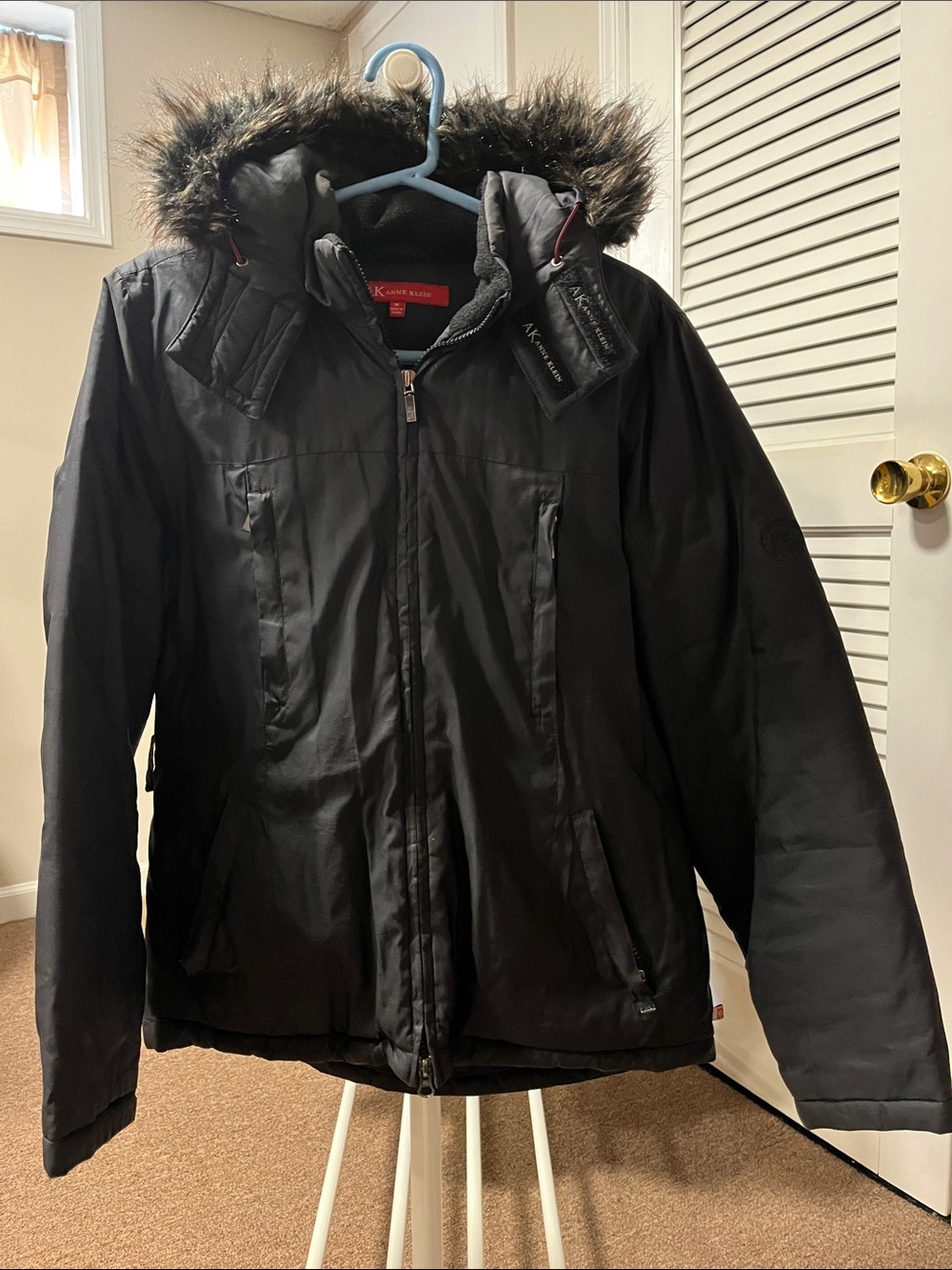 Anne Klein Black Hooded Puffer Coat with Faux Fur Trim